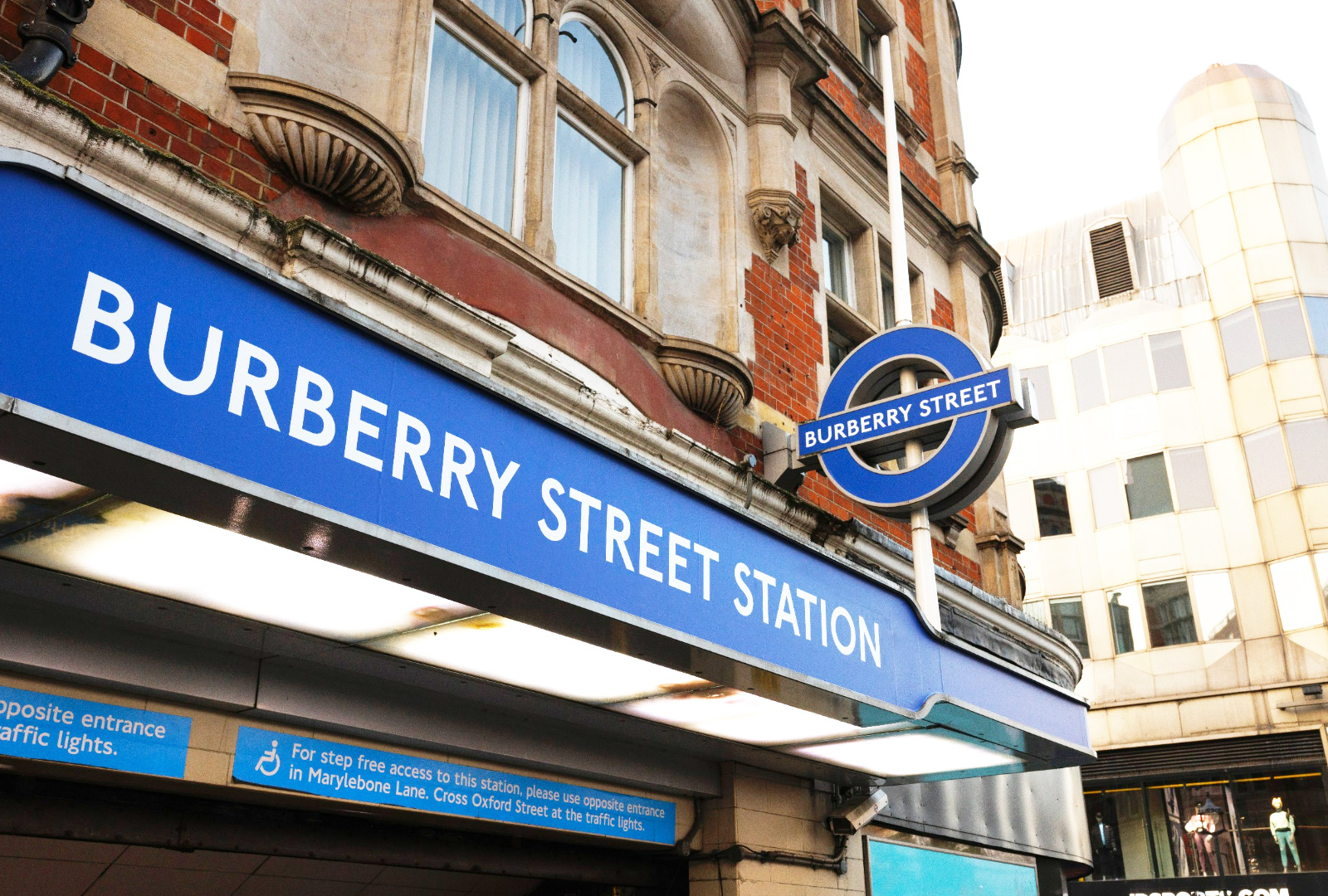 Burberry Street rebranded entrance fascia and roundel at Bond Street station
